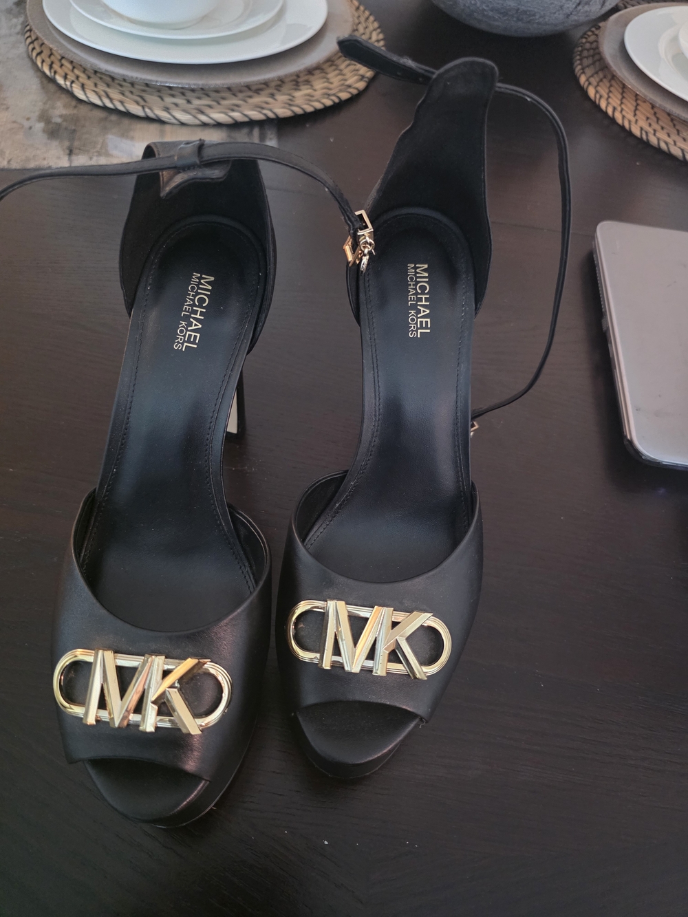Michael Kors Black Leather Open-Toe Heels with Gold MK Emblem